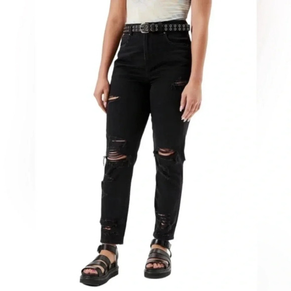 American Eagle Mom Jeans Black Distressed Ripped Denim Women’s Size 2 Grunge - Picture 1 of 14